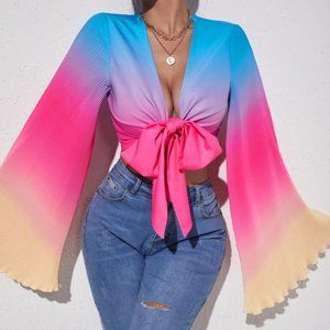 RAINBOW Print Knot Front Flounce Sleeve Top